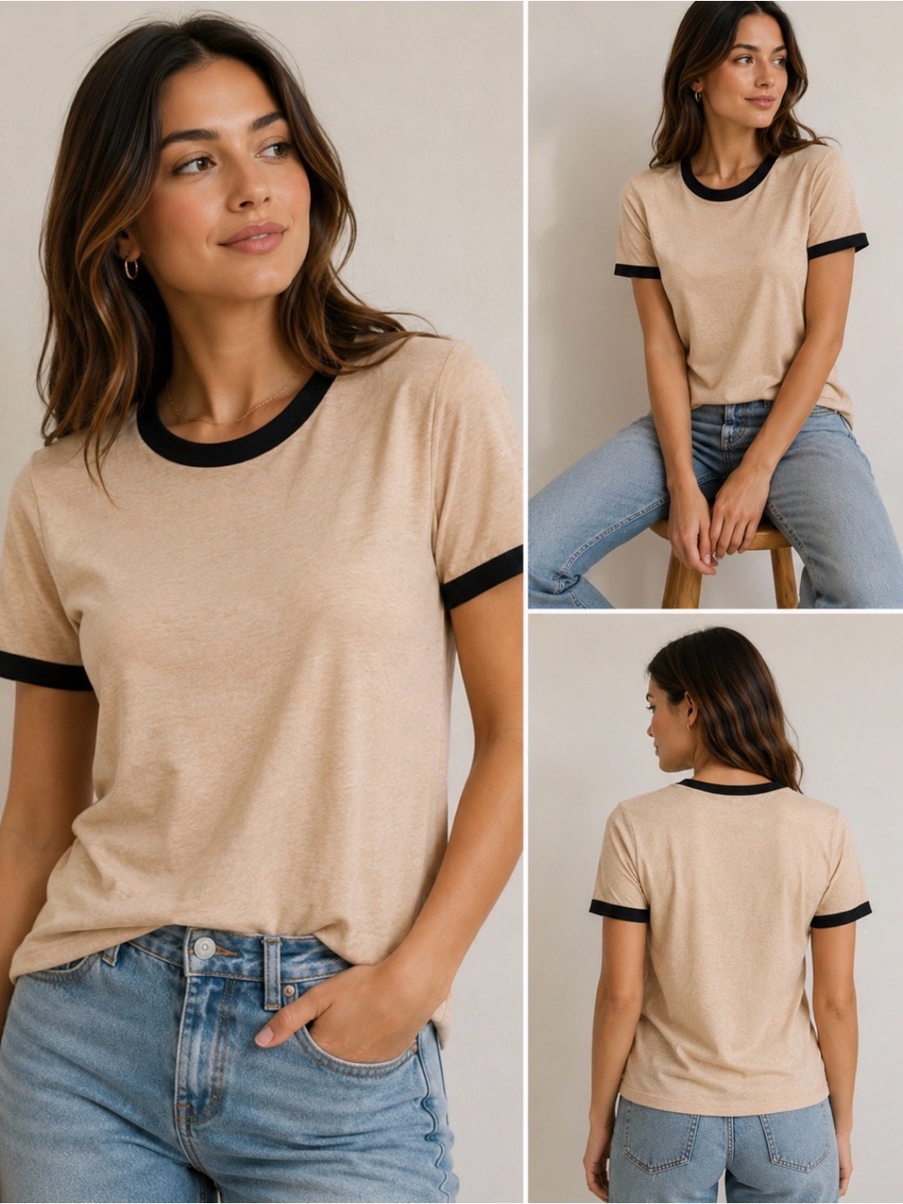 Enza Costa Ringer T-Shirt Beige Nude & Black Size S